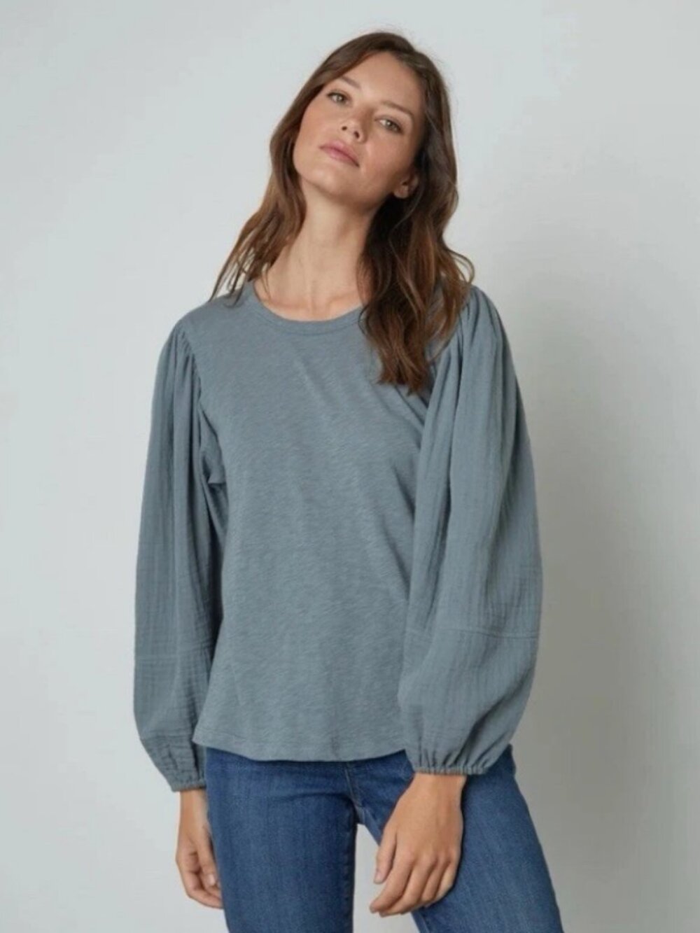 Velvet by Graham & Spencer Jayla Cotton Slub Mix Long Puff Sleeve Shirt -Sz Sml